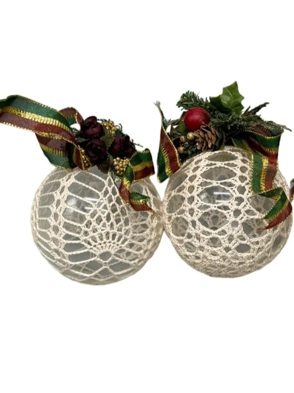 handmade Christmas bulbs ornaments set of 2 ribbon doily lace pine cones READ